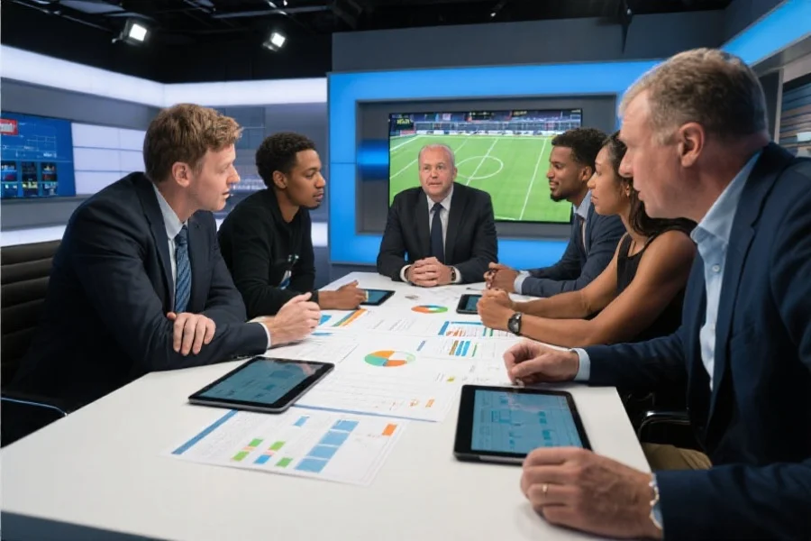 一组多元化的体育专家正在讨论赛事战术，背景为现代化演播室，桌上摆放着平板与数据报告