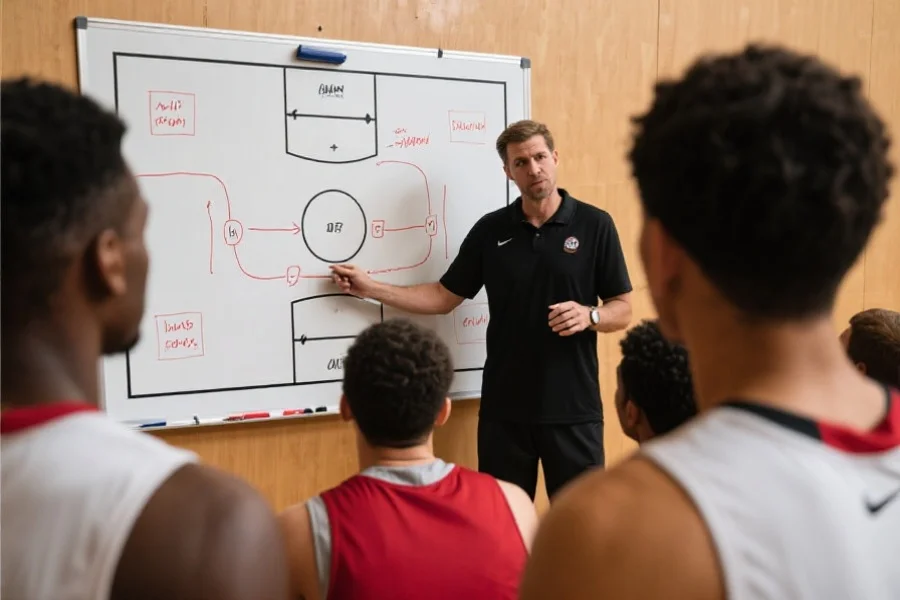 篮球教练在战术板上为球员讲解挡拆配合路线，球员们专注聆听